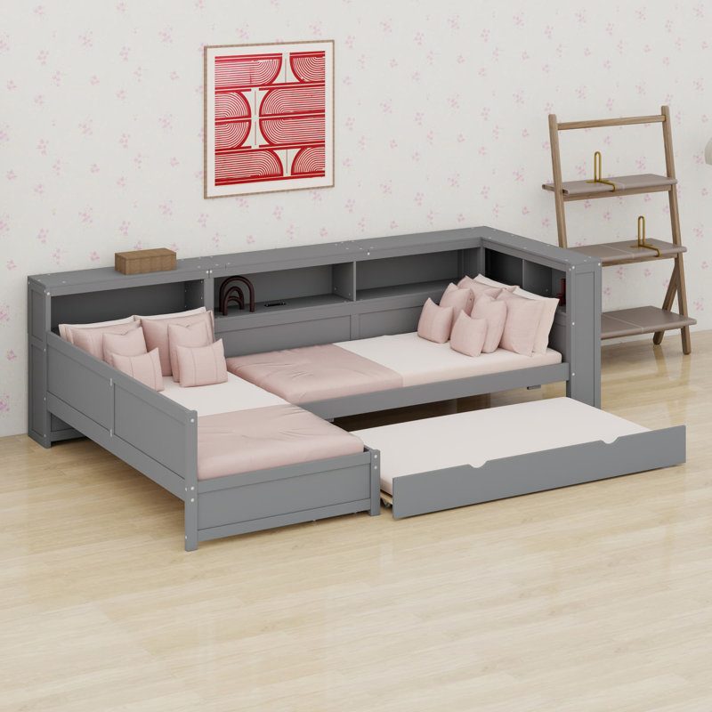 Lit plateforme en L avec lit gigogne, Gris