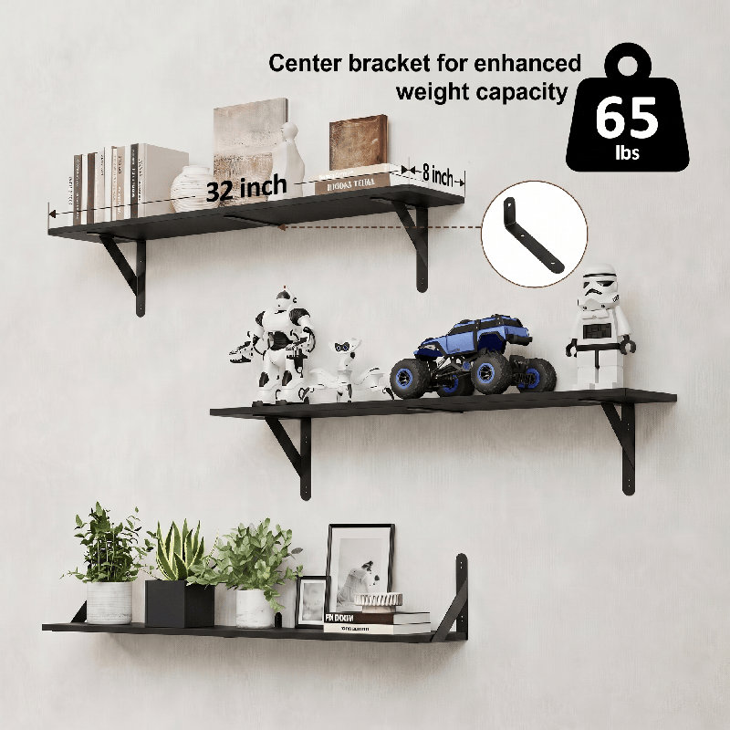 Floating Shelves for Wall 32″W x 8″D, Long Wall Mounted Shelves Set of 3, Wood Book Shelves Decor, Farmhouse Display Shelf for Bedroom, Living Room, Laundry Room, Kitchen, Bathroom, Black