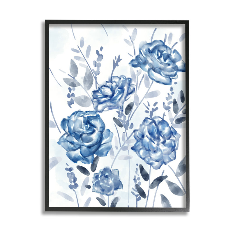 Fleurs de jardin abstraites bleues, Giclée encadrée noir minuit, H 20 po x l 16 po