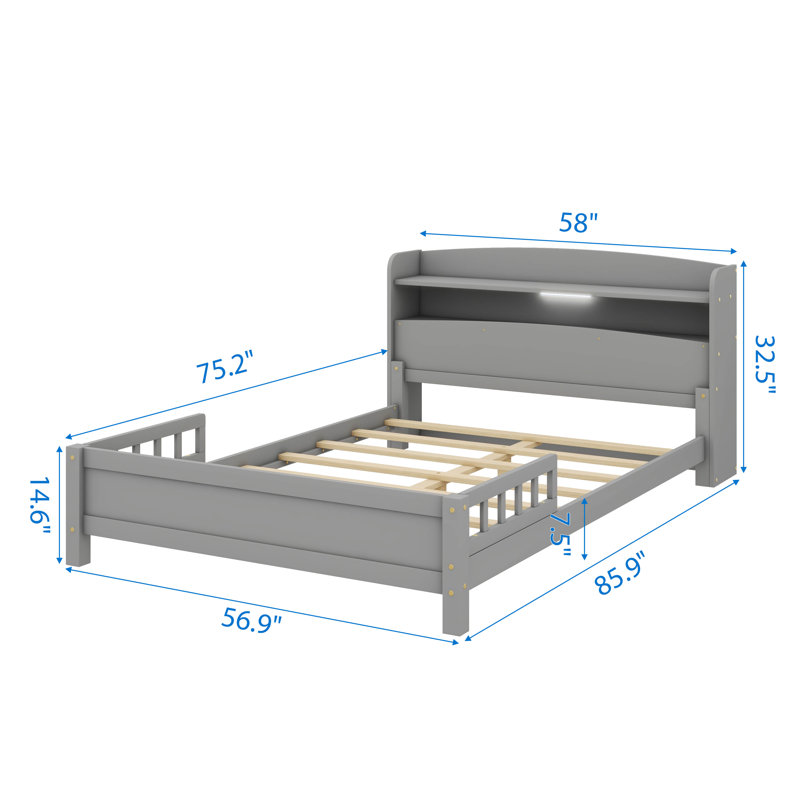 Lit plateforme avec tête de lit bibliothèque et lumière DEL activée, Gris, Double