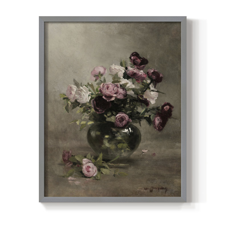 Impression florale vintage encadrée CXII - bois massif, Gris, H 15 po x l 12 po
