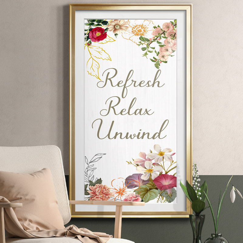 Refresh, Relax, Unwind - Art textuel avec cadre photo, Doré, H 22,5 po x l 42,5 po x P 1,5 po