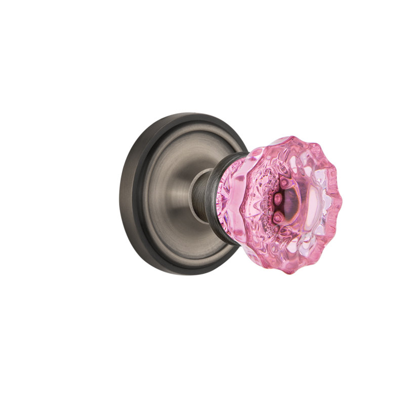 Pink Crystal Interior Mortise Door Knob with Classic Rosette, 2 1/4, Antique Pewter