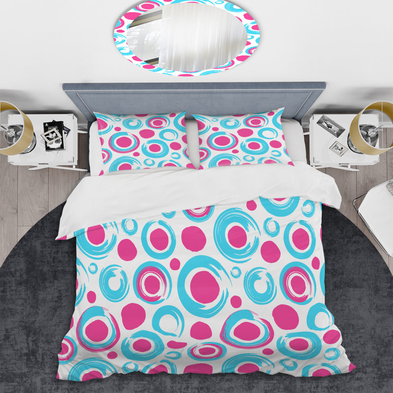Motif de cercles bleus et roses - ensemble de housse de couette abstrait - microfibre de polyester