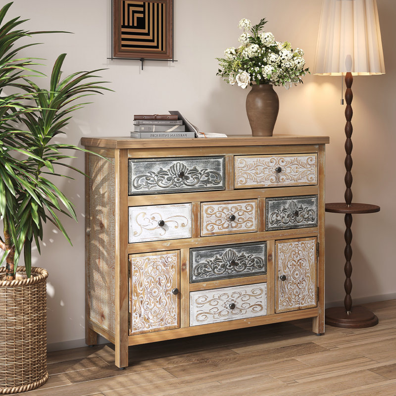 Armoire d'appoint vintage en bois avec 7 tiroirs et 2 armoires