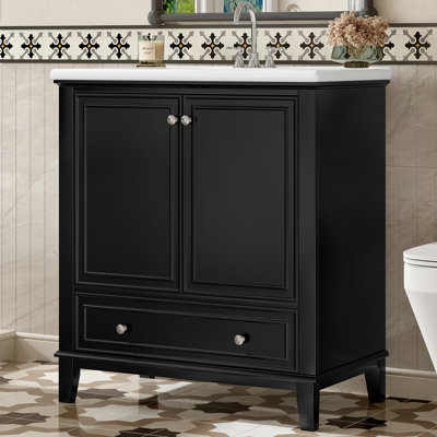 Ensemble de meuble-lavabo 30 po avec lavabo, armoire de salle de bain multifonctionnelle avec portes et tiroir, structure solide et panneau de fibres à densité moyenne