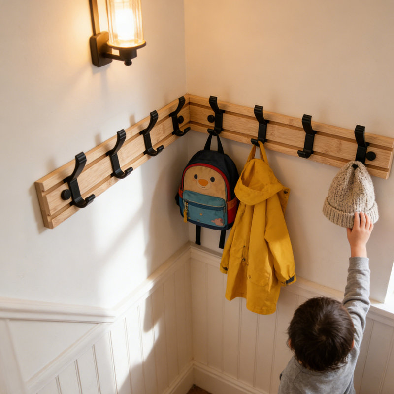 Portemanteau mural 3 pièces en bambou, rail réglable avec crochets coulissants, cintre de rangement à deux niveaux pour vestes, serviettes, organisateur de vestibule peu encombrant pour vestibule de salon, installation facile, 4 crochets