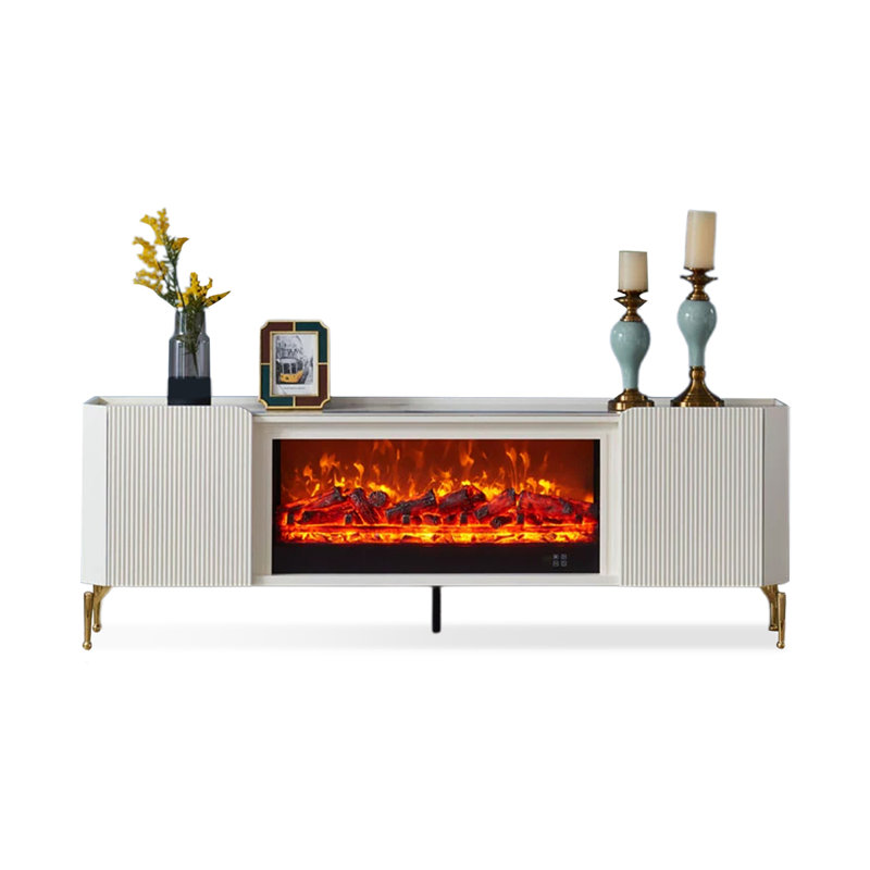 Beige Manufactured Wood TV Cabinet Fireplace, 23.62" H x 70.87" W x 12.99" D
