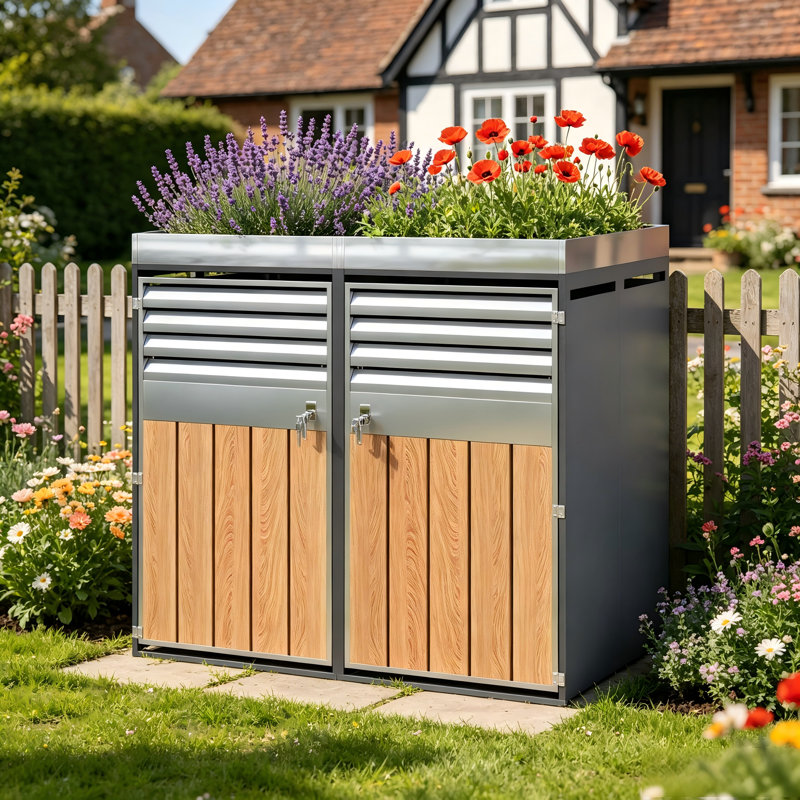 Wetherly Outdoor Trash Can Storage Box with 2 Lockable Doors, Ventilation & Top Planter,Wood Grain and Grey