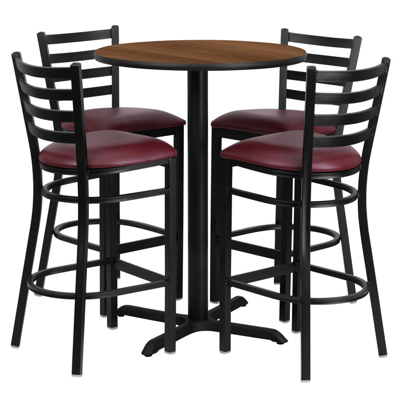 Carlton 30'' Round Laminate Table Set with X-Base and 4 Ladder Back Metal Barstools, Black, Walnut