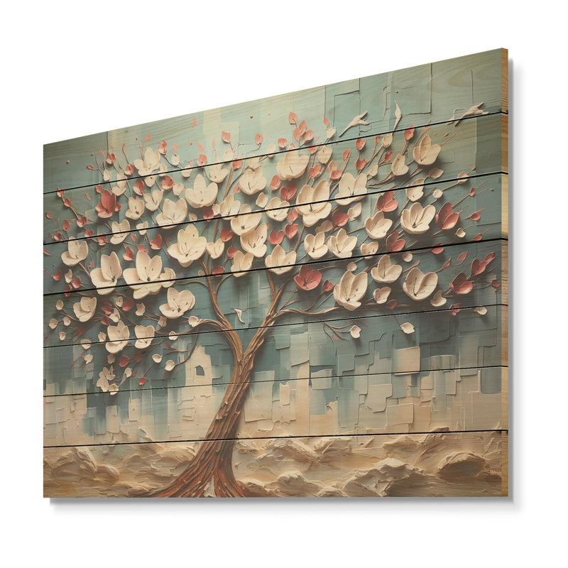 Red And Gold Flower Tree Moonlight Beauty V - Tree On Wood Print, 34" H x 44" W x 0.78" D