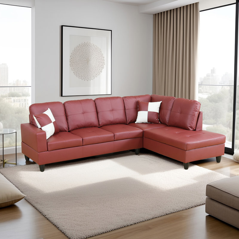 Jomal 103.5'' Faux Leather Sofa & Chaise, Dark Red, Black