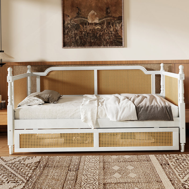 Lit de jour en rotin avec 2 tiroirs, Lit simple, Blanc antique