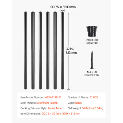 Staircase Balusters 51 Pack, 32 In Aluminum Stair Balusters, 3/4 Inch Water-Proof Round Metal Spindle Railing, Hollow Deck Railing with Rail Caps & Screws for Stairs, Porch, Patio, Matte Black