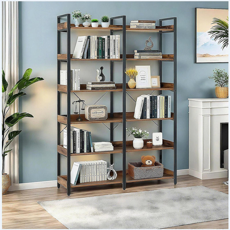 6-Tier Wooden Bookshelf with Open Shelves, Modern Metal Frame Bookcase for Storage and Display