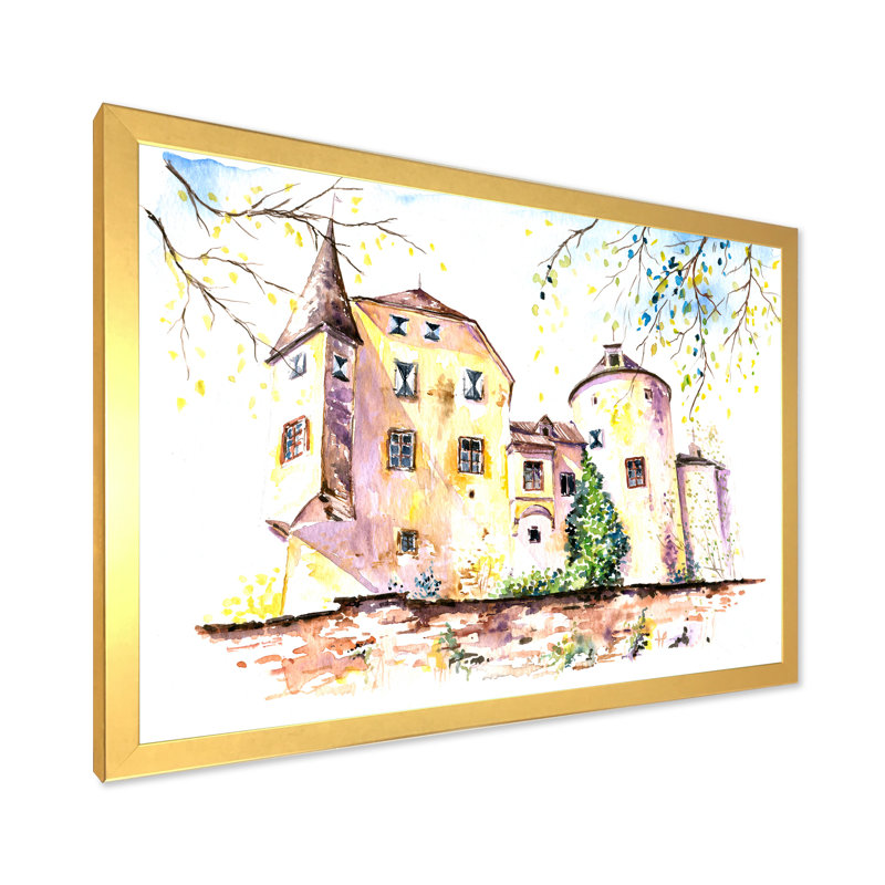Château jaune rétro - peinture sur toile, H 34 po x l 44 po, Toile avec cadre photo doré