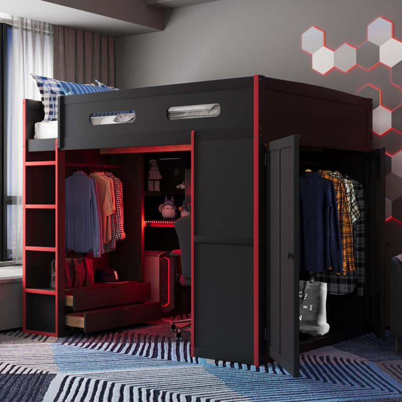 Lit mezzanine double en bois avec bureau, garde-robe, grand espace de rangement et lumière RVB, Red