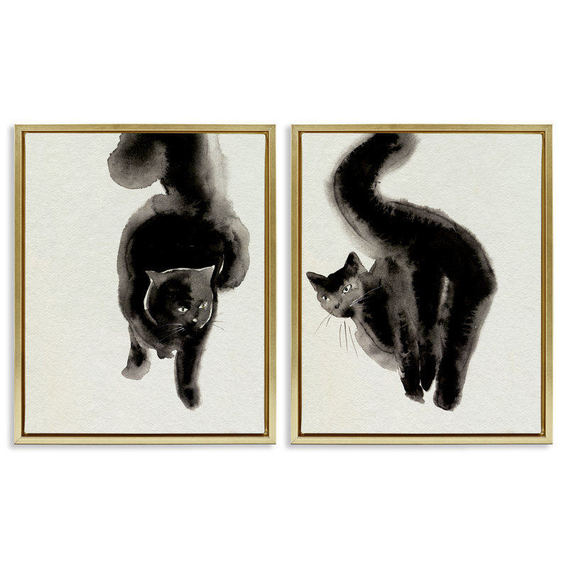  Ensemble de 2 toiles flottantes encadrées Minimal Cats par Melissa Wang, H 31 po x l 25 po, Cadre flottant métallique doré