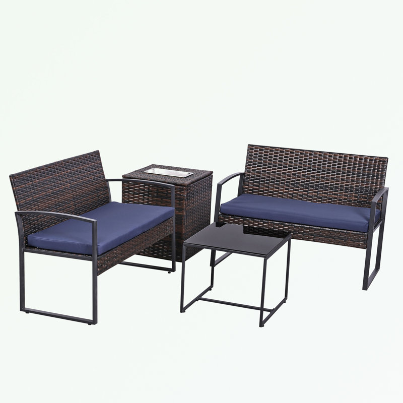 Ensemble de meubles d'extérieur en osier 4 pièces avec coussins lavables et boîte de rangement, Bleu, Brun