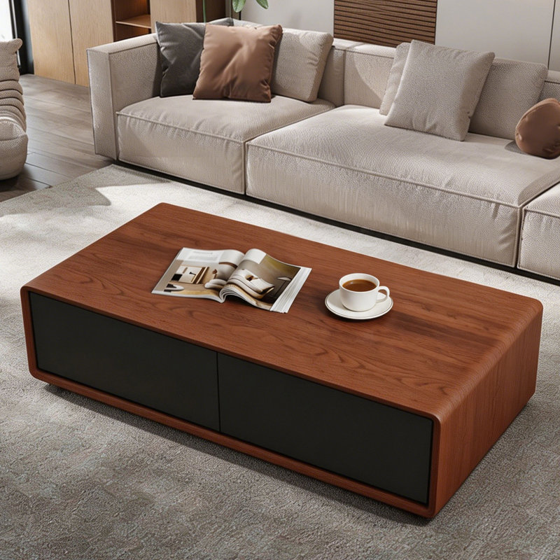 Modern 52" Walnut Coffee Table with 4 Storage Drawers, Fully Assembled Rectangular Living Room Table