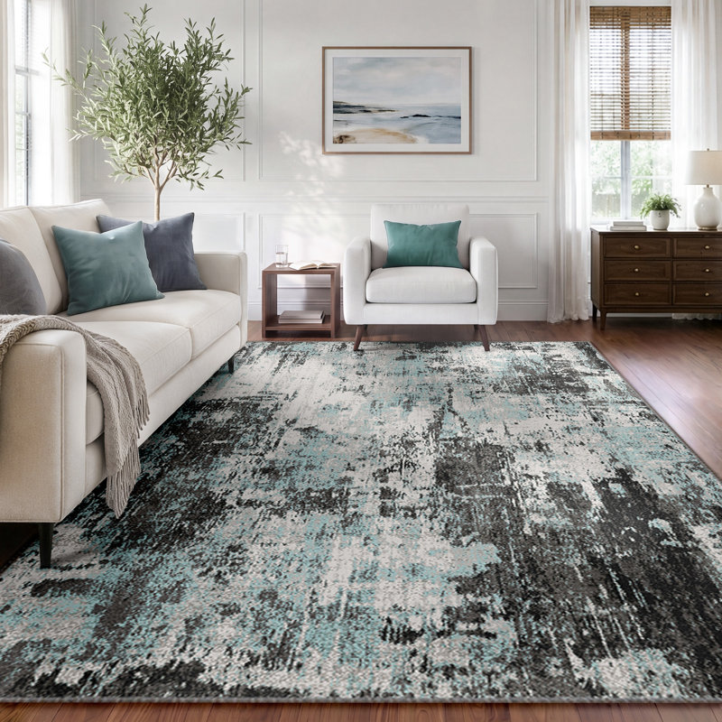 Modern Abstract Printed Area Rug Non-Slip Machine Washable Low Pile for Living Room Bedroom, Rectangle 5' x 7', Blue/Black