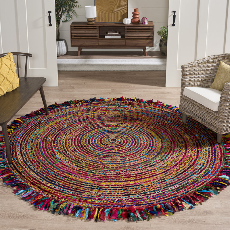 Abhay Hand Woven Cotton/Jute Rug in Ivory/Red, Round 8'