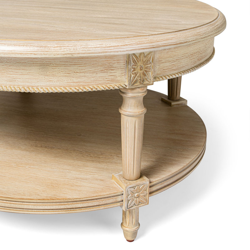 Antiqued White Round Wooden Coffee Table with Shelf Storage