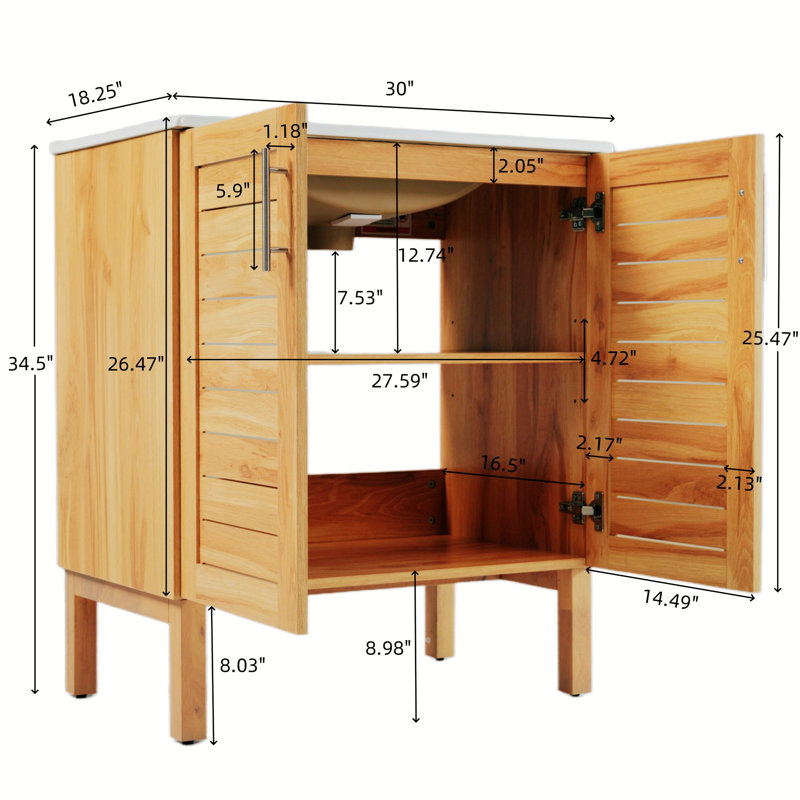 Meuble-lavabo avec lavabo en céramique, meuble-lavabo avec 2 portes à fermeture en douceur, meuble-lavabo simple autoportant pour la maison, rangement pour la salle de bain