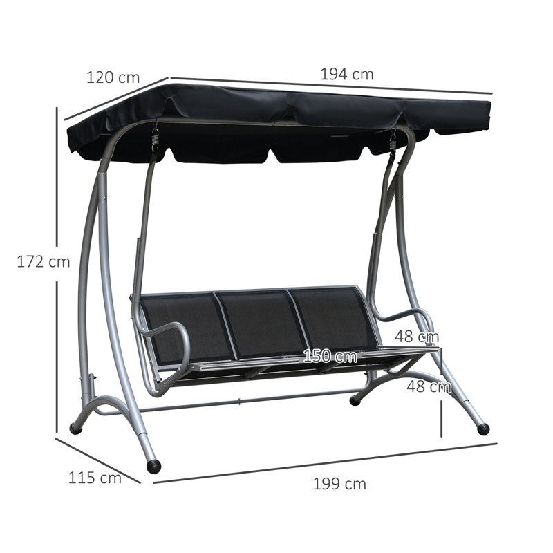 Bacari 3 Person Porch Swing with Canopy, Black, Black
