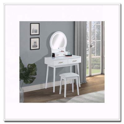 Ensemble de coiffeuse et tabouret 3 pièces avec miroir à DEL intégré et poignées ornées