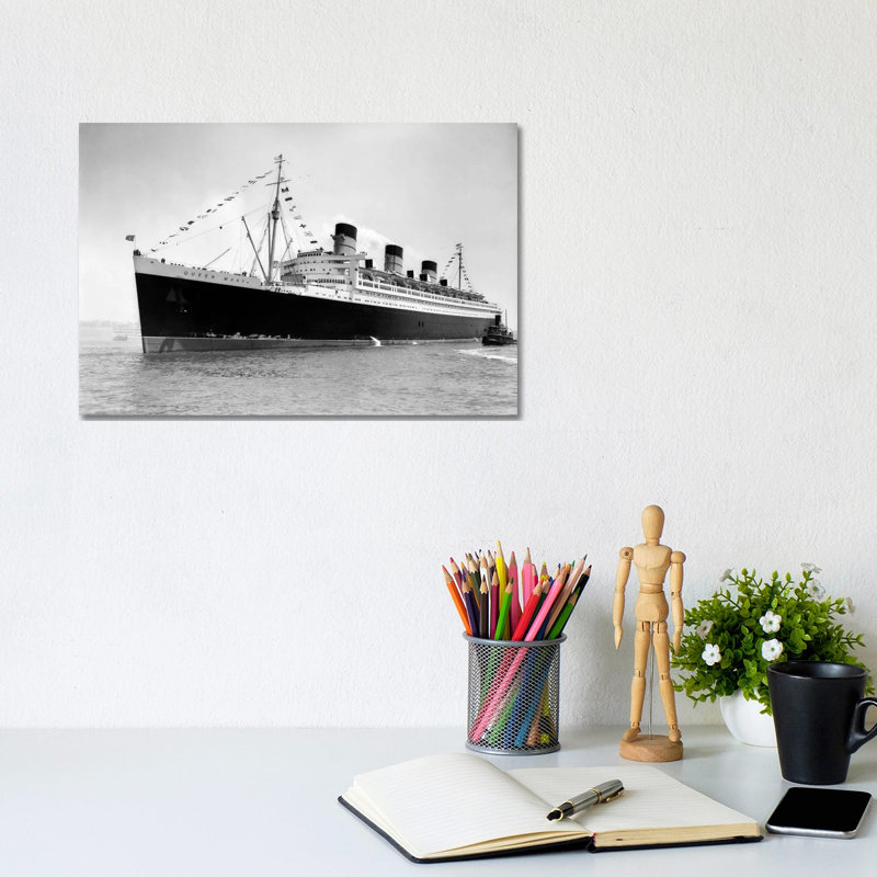 1936 Maiden Voyage Of Queen Mary Dwarfing Small Tugboat Moving Alongside It - Wrapped Canvas Print, 20.32 cm H x 30.48 cm W