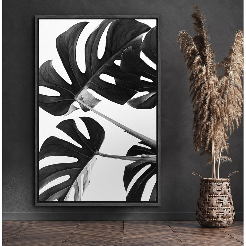 «Tropical Monstera Leaf Trio», reproduction d'art sur toile neutre encadrée en noir et blanc, H 36 po x l 24 po x P 1,5 po