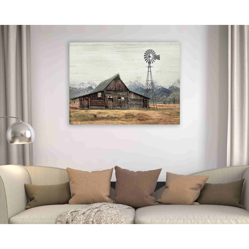 Vieille grange sous les montagnes enneigées sur toile, H 30 po x l 40 po x P 1,5 po