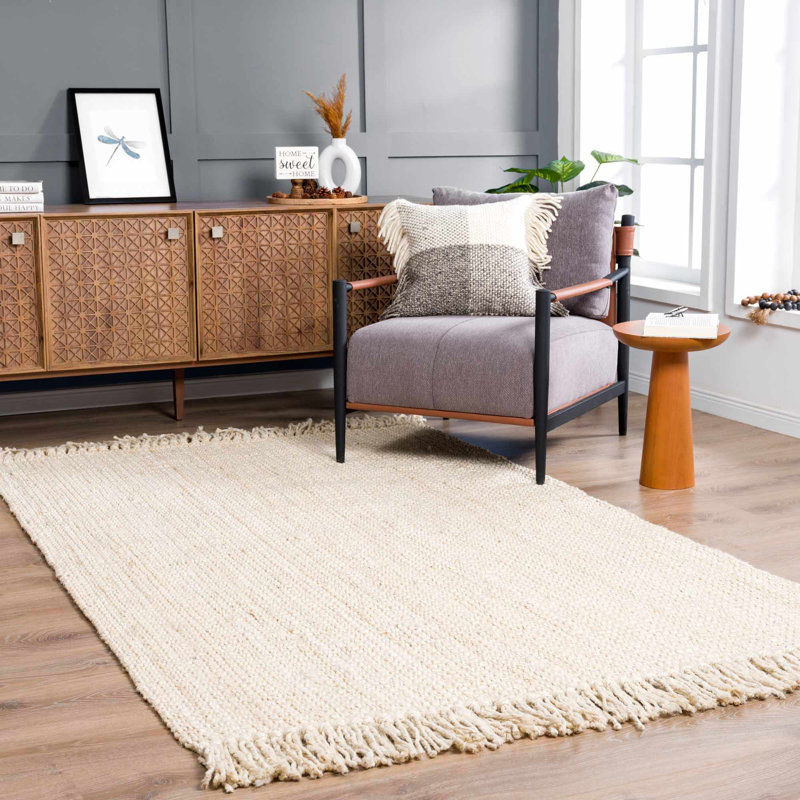 Beige Handwoven Jute Area Rug with Natural Fringe, 3' x 5'