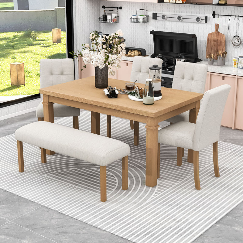 6-Piece Modern Dining Set with Rectangular Table, 4 Upholstered Chairs and Bench, Natural
