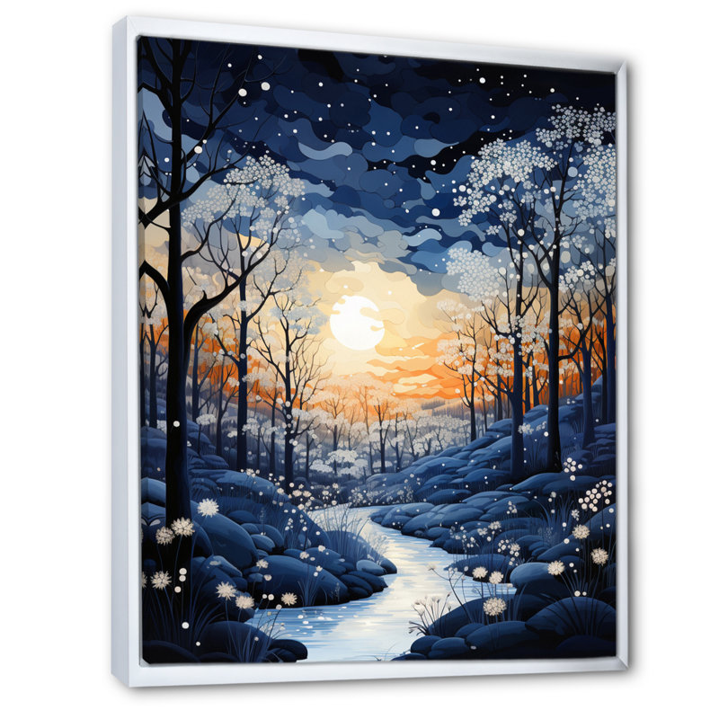 «Forest Winter Blue Monochen - Landscape & Nature», reproduction d'art sur toile, Cadre flottant blanc