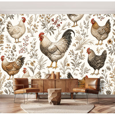 Wall Mural Peel and Stick Floral chicken farmhouse leaf leaves white vintage cute cartoon Large Wallpaper Self-Adhesive Removable Contact Paper Wall Decor for Living Room Bedroom Nursery 69"H x 96"W