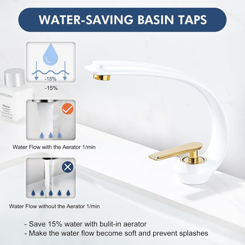 Robinet de salle de bain moderne à un trou blanc et or avec robinet à une poignée en laiton