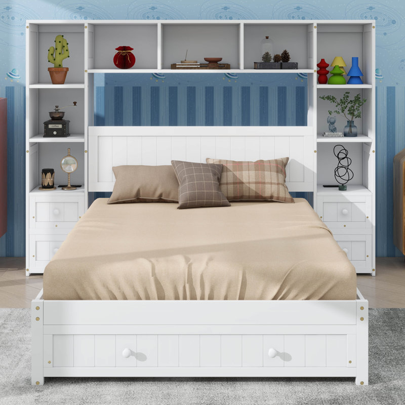 Lit plateforme avec 2 tables de chevet intégrées, étagère de rangement, armoire et tiroirs, Grand lit