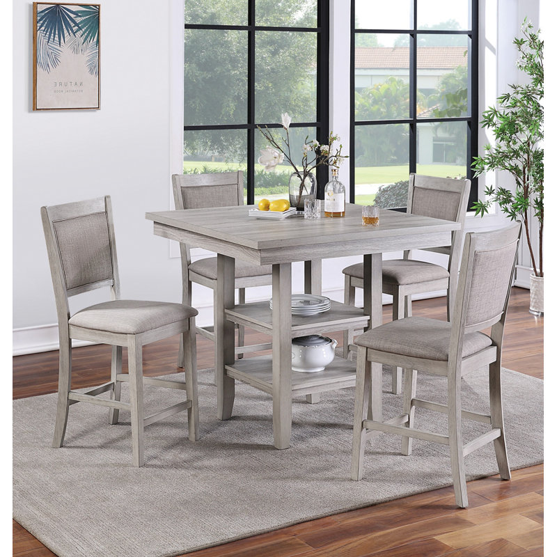 Ensemble de salle à manger 5 pièces à hauteur de comptoir gris rustique moderne, table carrée en bois avec tablettes de rangement et 4 chaises rembourrées - gris + bois massif + classique + transitionnel