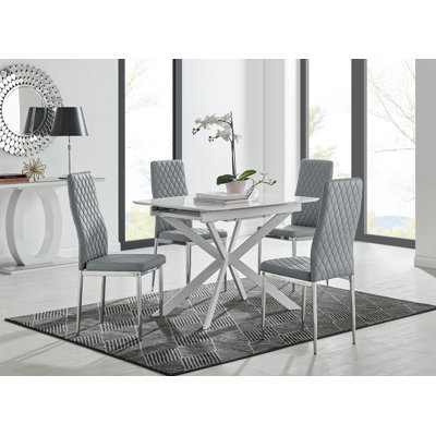 Eubanks Modern High Gloss Extendable Dining Table Set with x4 Luxury Faux Leather Dining Chairs