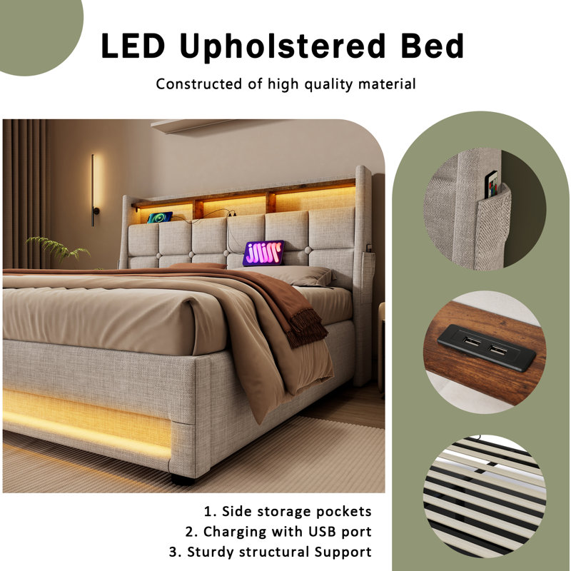 Lit plateforme tapissier hydraulique avec rangement et lumière DEL, Beige, Grand