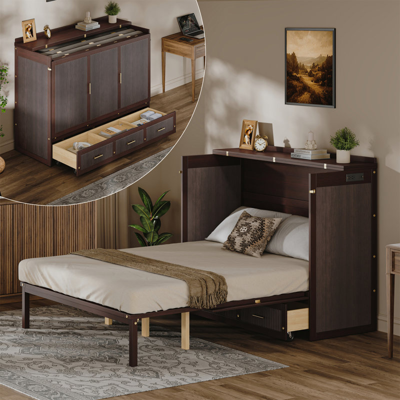 Armoire murale multifonctionnelle avec station de charge USB, lit escamotable vertical avec tiroirs, lit escamotable mural peu encombrant avec verrou de sécurité et dispositif anti-basculement, café.