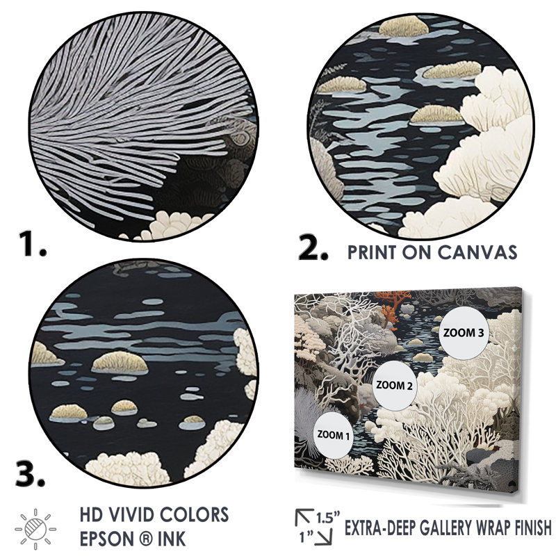 «Black and White Abstract Corals River IV», reproduction sur toile, Cadre flottant blanc, H 34 po x l 44 po x P 1,5 po
