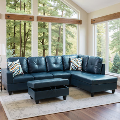 Navy Blue Faux Leather Sofa & Chaise with Storage Ottoman