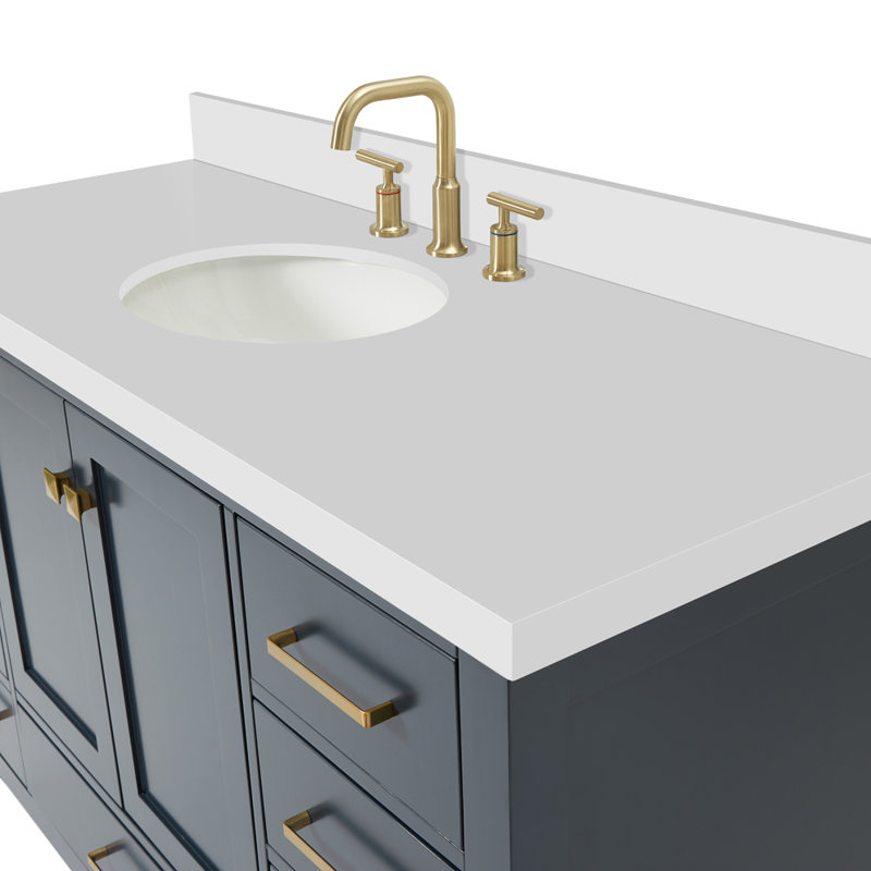 Cambridge 55'' Single Bathroom Vanity with White Quartz Top, Midnight Blue / Satin Brass, Oval