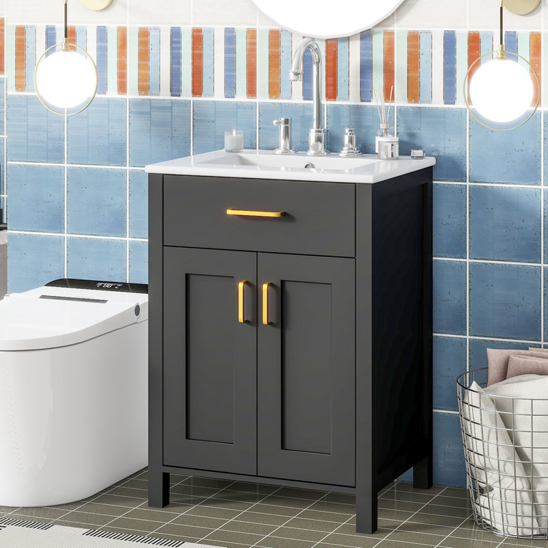 Black 24-Inch Freestanding Bathroom Vanity with Ceramic Sink