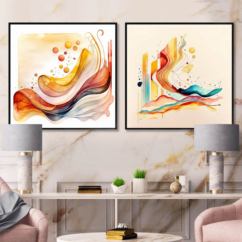 Warm Minimalist Waves - Ensemble de 2 collages carrés modernes, Cadre flottant noir, H 30 po x l 61 po