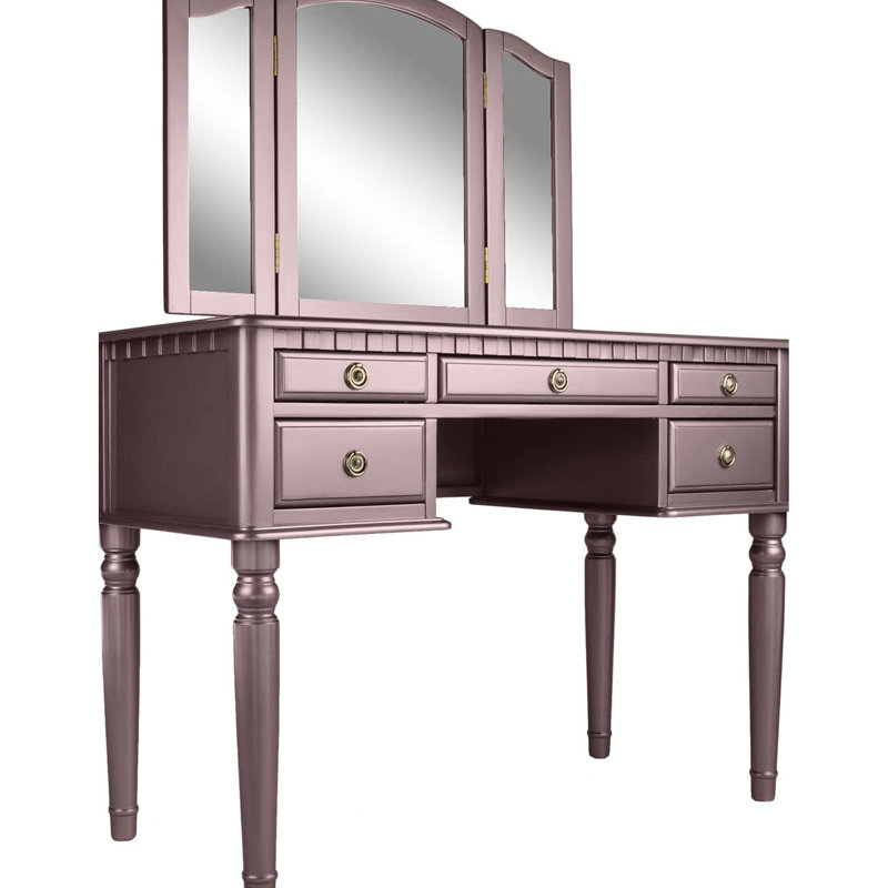 Meuble-lavabo rose doré, miroir pliable trois pièces, cinq tiroirs et un tabouret rond rembourré gris, matériau principal en bois d'hévéa massif avec placage de bouleau