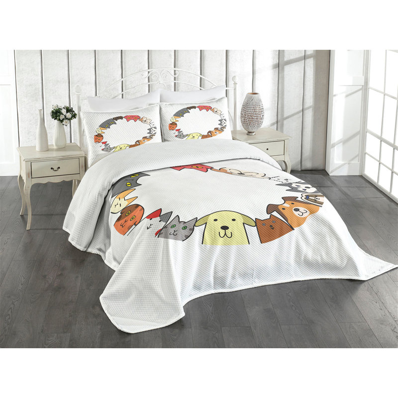White Quilted Queen Bedspread Set with Cat Faces